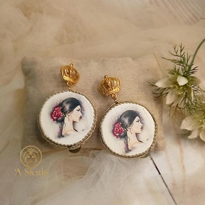 Sicilian tambourine earrings, hand painted, lobe crown, typical Sicilian design