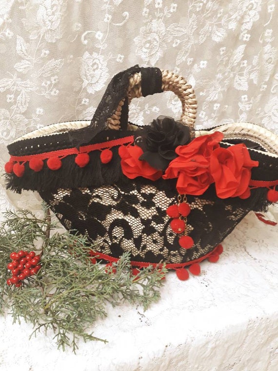 Bag in Straw and Black Lace, Decorated with Red Roses and Black Fringe