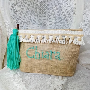 Personalized jute bridesmaid handbag clutch bag, personalized gift, turquoise green tassel beach trousse