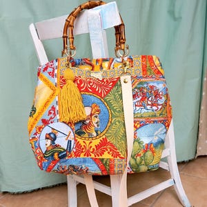 Sicilian majolica patterned cotton bag, with baboo handles and detachable shoulder strap
