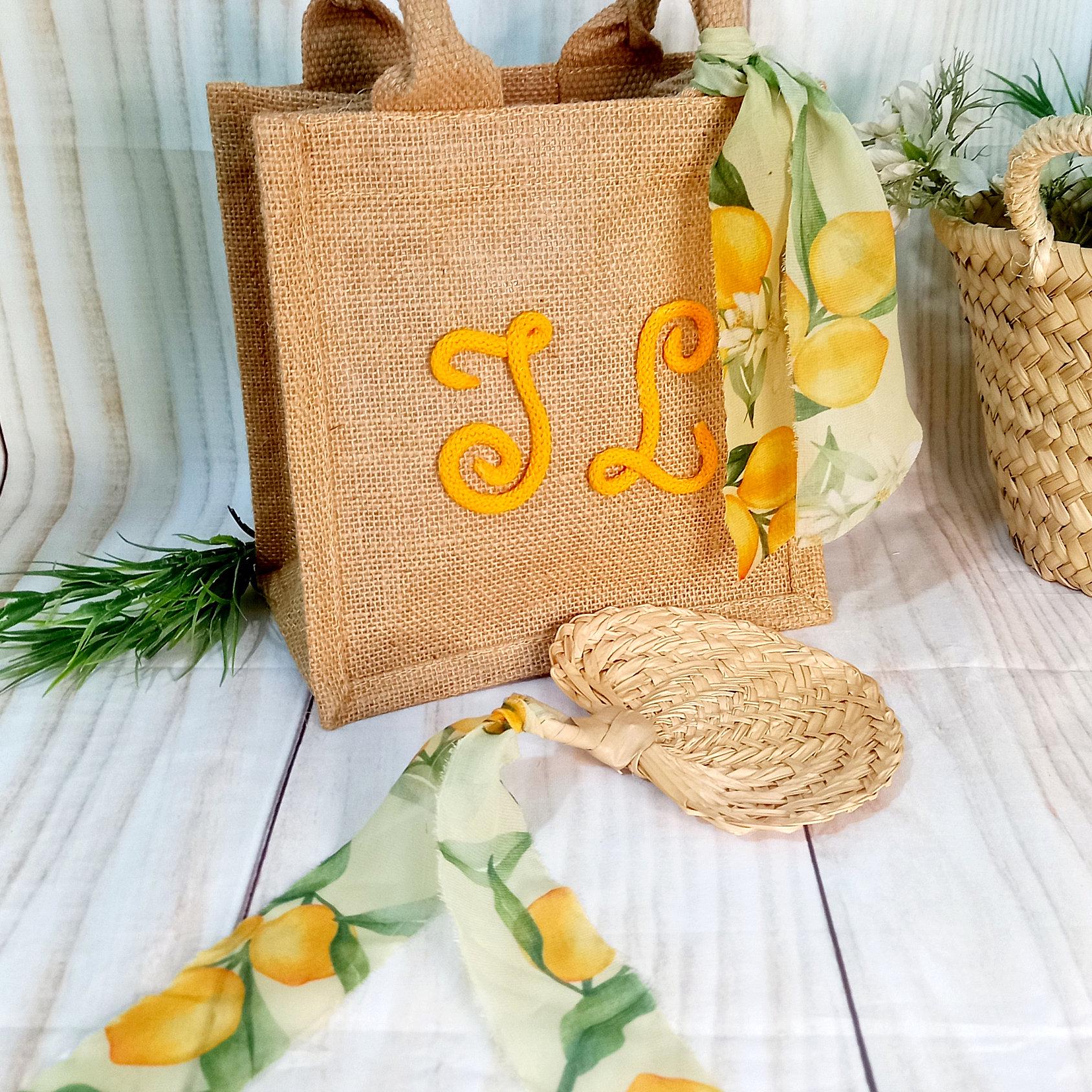 personalized jute bag for wedding, welcome bag with lemon scarf, guest gift