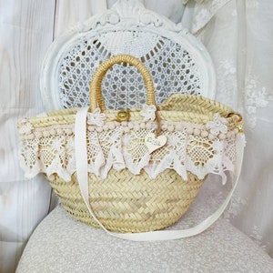 sac de plage en paille personnalisé avec nom, orné de dentelle, bandoulière amovible image 1