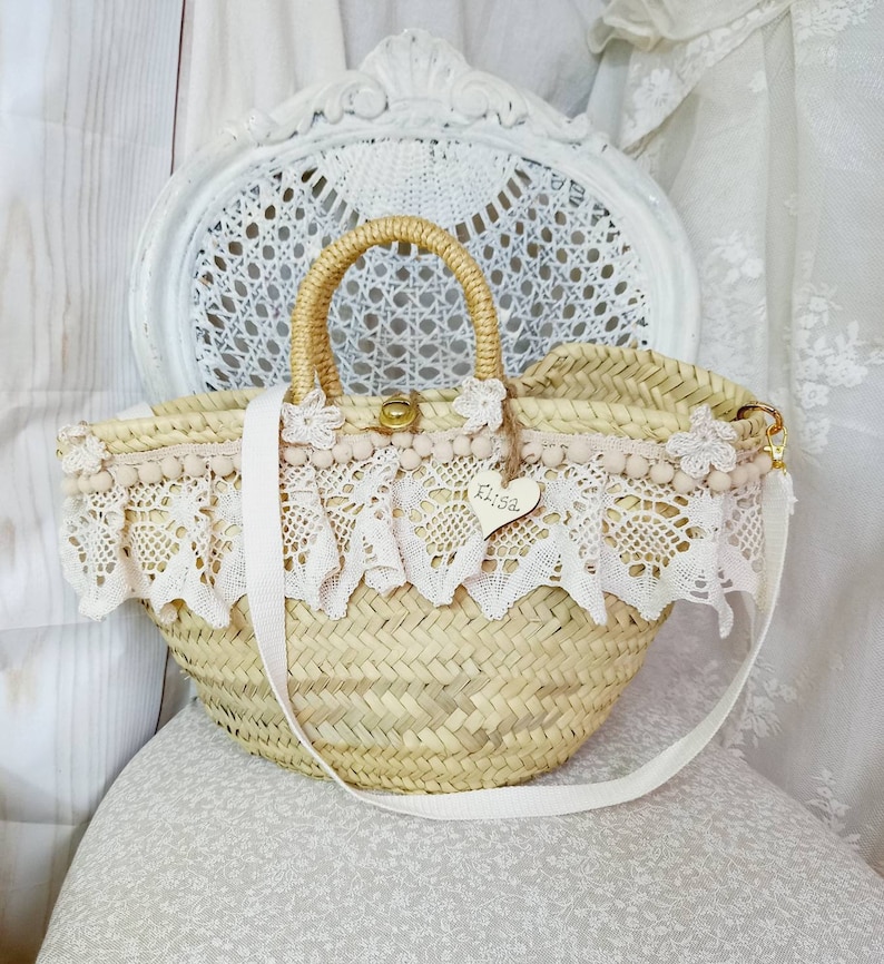 sac de plage en paille personnalisé avec nom, orné de dentelle, bandoulière amovible image 1