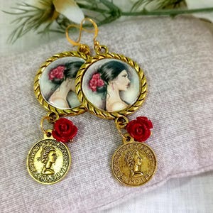 cameo earrings with moor heads, Sicilian elegance in gilded bronze with coin pendants and red resin rosette