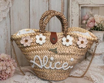 Personalized straw bag, gift basket for bridesmaids, bachelorette party gifts, personalized bag with crocheted flowers, Mother's Day gift