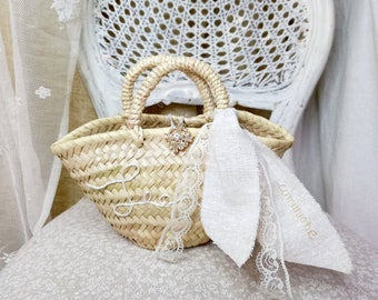 Straw bag with button jewel box for wedding, baptism, communion with ribbon personalized