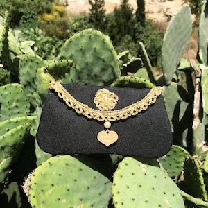 Sicilian clutch bag with gold inserts, baroque style handbag, black bag set with coin holder, gift for girlfriend