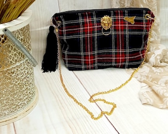 Harris Tweed bag, gift for mom, red tartan handbag, Scottish wool bag