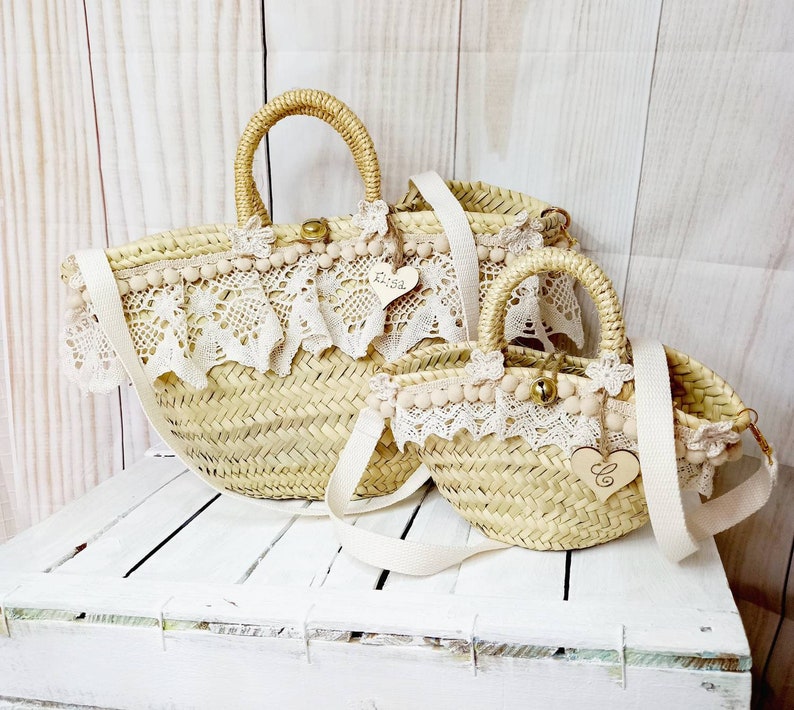 sac de plage en paille personnalisé avec nom, orné de dentelle, bandoulière amovible image 4