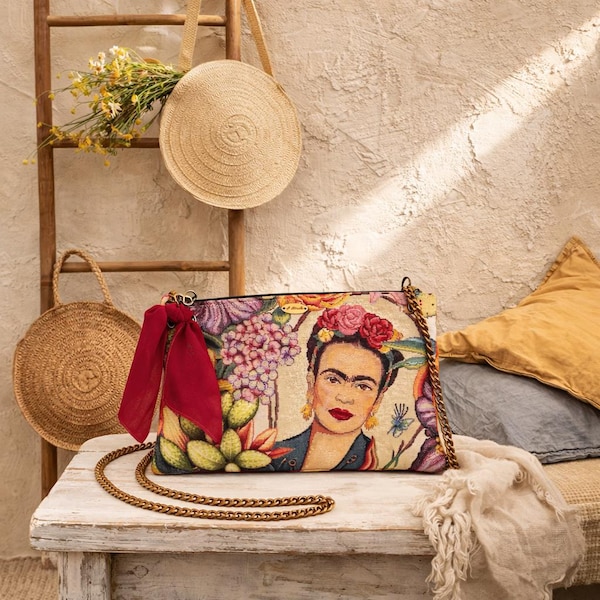 Frida Kahlo shoulder bag with silk scarf on the side, zipper closure, floral fabric