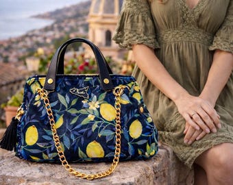Sicilian lemon shoulder bag, Sicilian fabric evening bag, souvenir gift from Italy