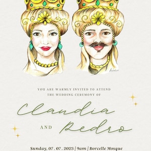 Può includere: Un invito di nozze con un'illustrazione disegnata a mano di una coppia che indossa corone. L'invito recita "Siete cordialmente invitati a partecipare alla cerimonia di nozze di Clandia e Redro Domenica, 07.07.2023 | 9:00 | Moschea Borcelle Si prega di arrivare alle 12:30 per una cena di cerimonia alle 13:00 e una serata di bevande e balli per seguire RSVP a Hello@reallygreatsite.com entro il 01 luglio 2023"