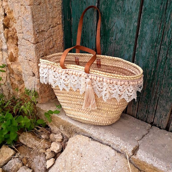 Sac de plage, coffe de paille sicilienne avec dentelle, sac personnalisé avec nom