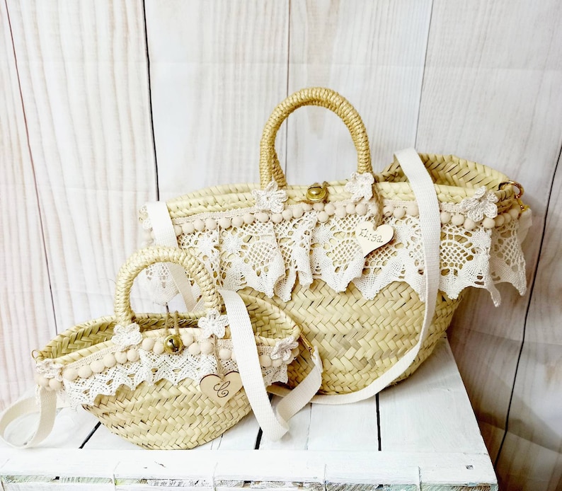 sac de plage en paille personnalisé avec nom, orné de dentelle, bandoulière amovible image 8