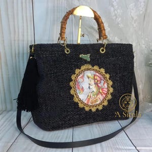Sicilian velvet bag, with bamboo handles and shoulder strap , capacious and elegant bag, with swordsman design