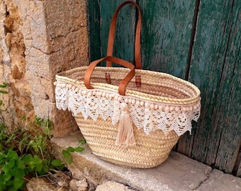 Borsa da spiaggia, coffa siciliana in paglia con pizzo borsa