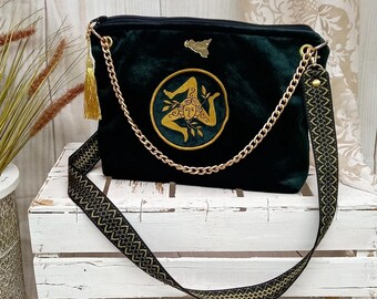 Forest green embroidered velvet bag with Sicilian Trinacria patch, handmade in Sicily