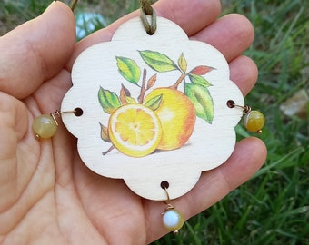 Sicilian necklace, choker with wooden medallion, Sicilian oranges design