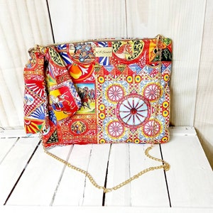 Sicilian silk clutch bag with chain strap