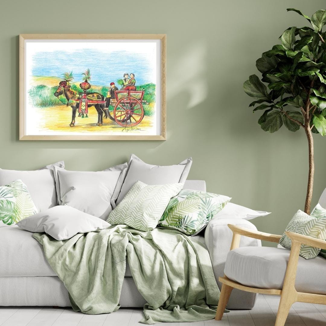 Digital Illustration Sicilian Cart - Art in Pastels, Unique Sicilian Gift, Decorative Painting for Furniture