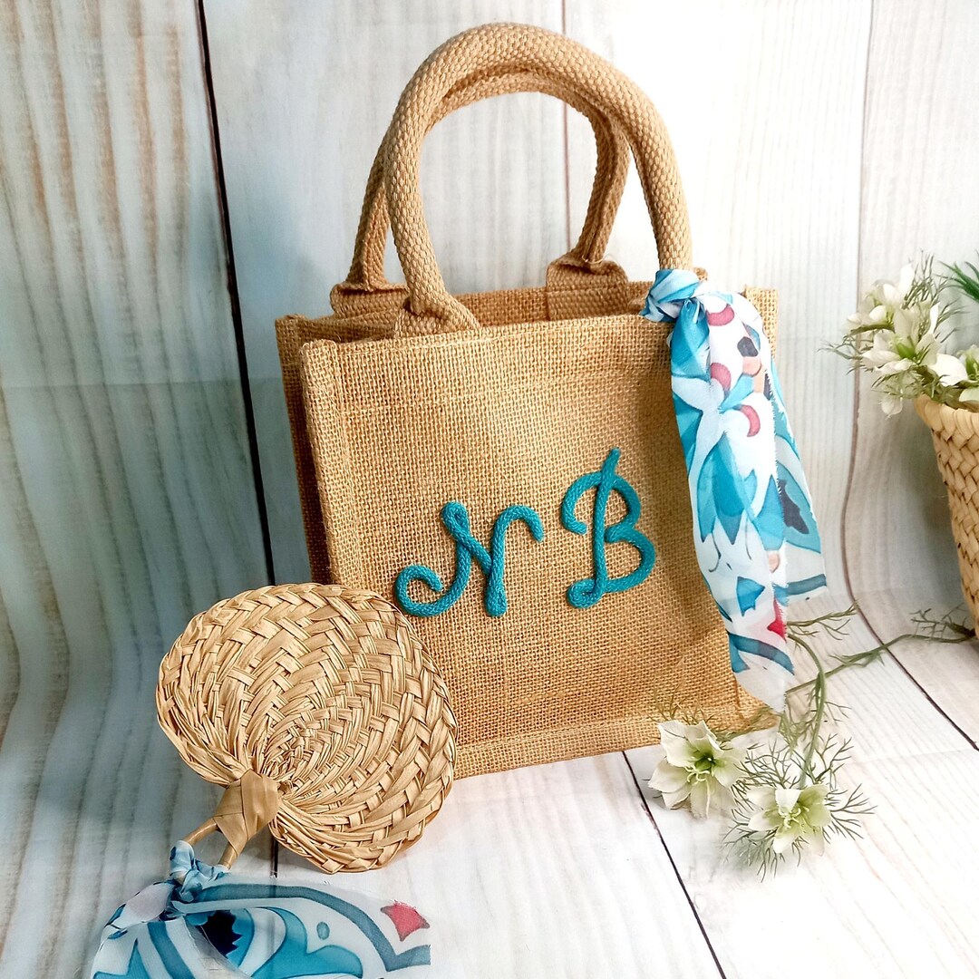 Buy Personalized Jute Bag Hand Embroidered Bride and Groom Initials, Blue  Sicilian Majolica Scarf Online in India