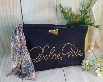 Personalized Beauty Case, Hand-Embroidered Makeup Bag, Sicilian Travel Bag