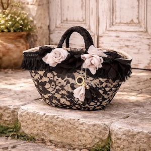 Women's straw bag with black lace and silk flowers, Sicilian coffa with handles