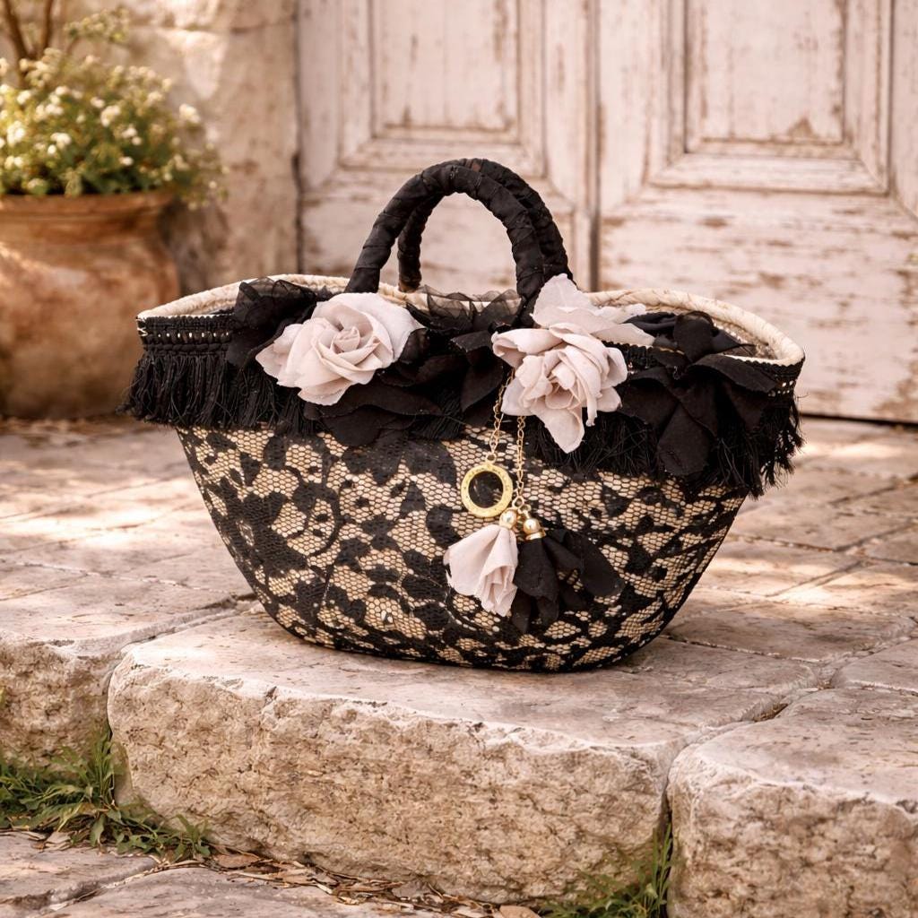 黒と花柄のレディースバック　okajima 手提げ Women's Straw Bag With Black Lace and Silk Flowers, Sicilian Coffa