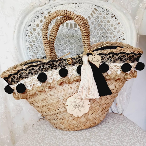 Borsa personalizzata con nome, realizzata in palma nana con decori