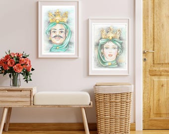 Sicilian Moorish Heads Print, Handmade Italian Art, Pastel, Living Room and Study Decoration, Unique Gift