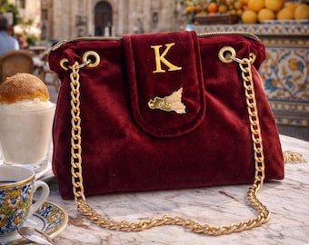 Wine-colored velvet clutch bag, personalized with initial, made in Italy, elegant handmade shoulder bag