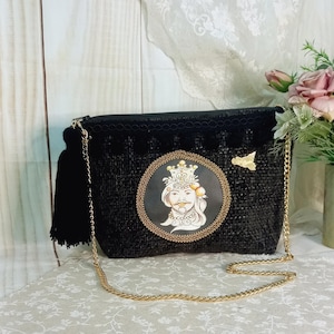 black velvet baguette bag with typical Sicilian design, shoulder bag with Sicilian style chain