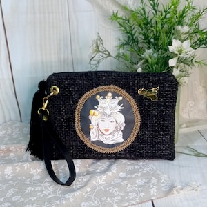 black velvet wrist clutch , with typical Sicilian design, side tassel and faux leather handle , women's birthday gift