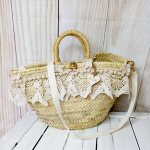 sac de plage en paille personnalisé avec nom, orné de dentelle, bandoulière amovible image 3