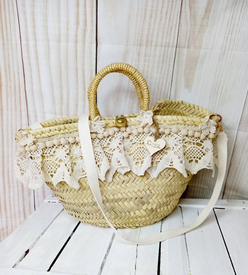 sac de plage en paille personnalisé avec nom, orné de dentelle, bandoulière amovible image 3