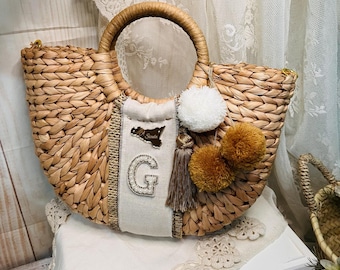 May include: A woven straw handbag with a round handle, featuring a central beige fabric panel with a pearl-embellished letter G, a small metal Sicily-shaped charm, a brown tassel, and three decorative pom-poms in white and mustard yellow colors.
