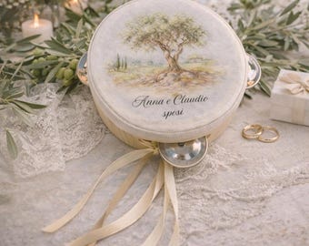 オリーブの木が描かれたタンバリン型席札、結婚式用ギフト、名入れ可能、手作り、10cm