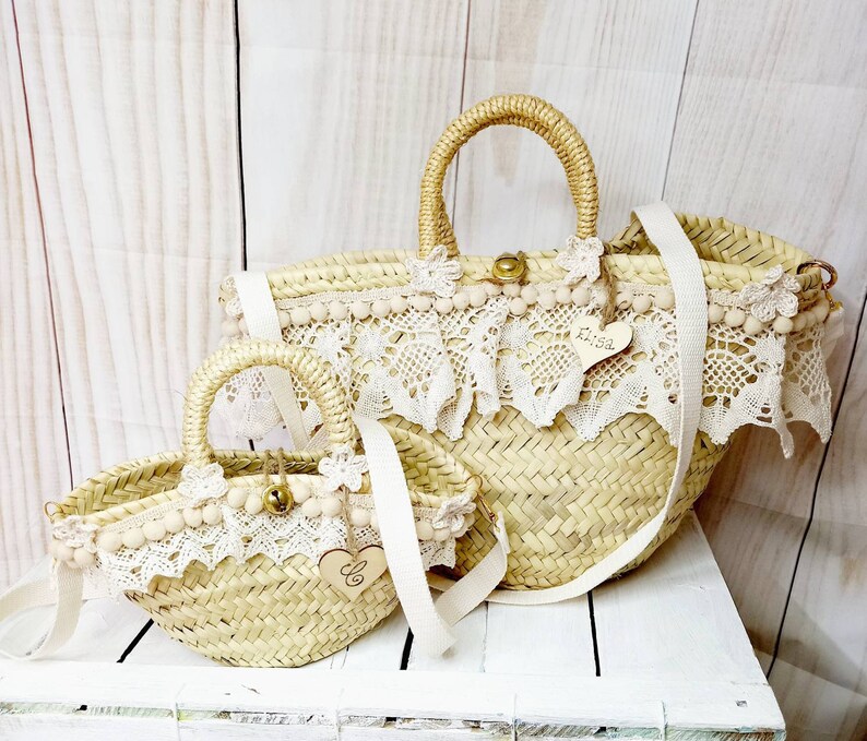 sac de plage en paille personnalisé avec nom, orné de dentelle, bandoulière amovible image 9