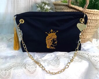 Black velvet clutch bag with gold moor's head embroidery, shoulder chain, gold lining, silk detail, Sicilian craftsmanship, women's gift