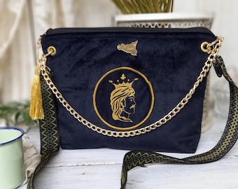 Black velvet bag with embroidered Moor's head, handmade Sicilian clutch bag, made in Italy, elegant and unique