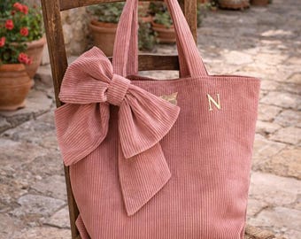 Corduroy Shopping Bag with Bow, Artisanal Elegance