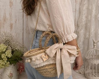 Bridesmaid Gift Bag Personalized, straw bag with name and initials, cotton bow