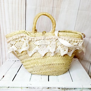 sac de plage en paille personnalisé avec nom, orné de dentelle, bandoulière amovible image 7