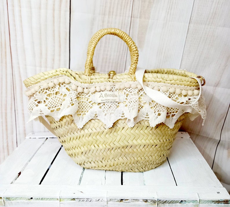 sac de plage en paille personnalisé avec nom, orné de dentelle, bandoulière amovible image 7