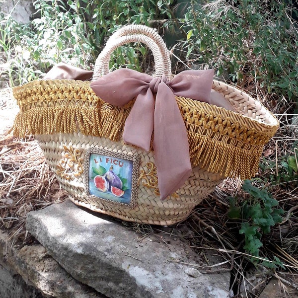 borsa con frange, coffa siciliana, borsa da spiaggia sposa, borsa in paglia, borsa dipinta amano, borsa dipinta. borsa paglia decorata