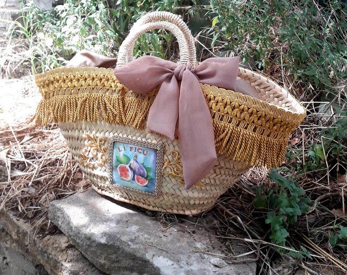 bag with fringe, sicilian bag, bride beach bag, hand painted bag, painted bag, decorated straw bag, straw bag, handmade bag, beach bag