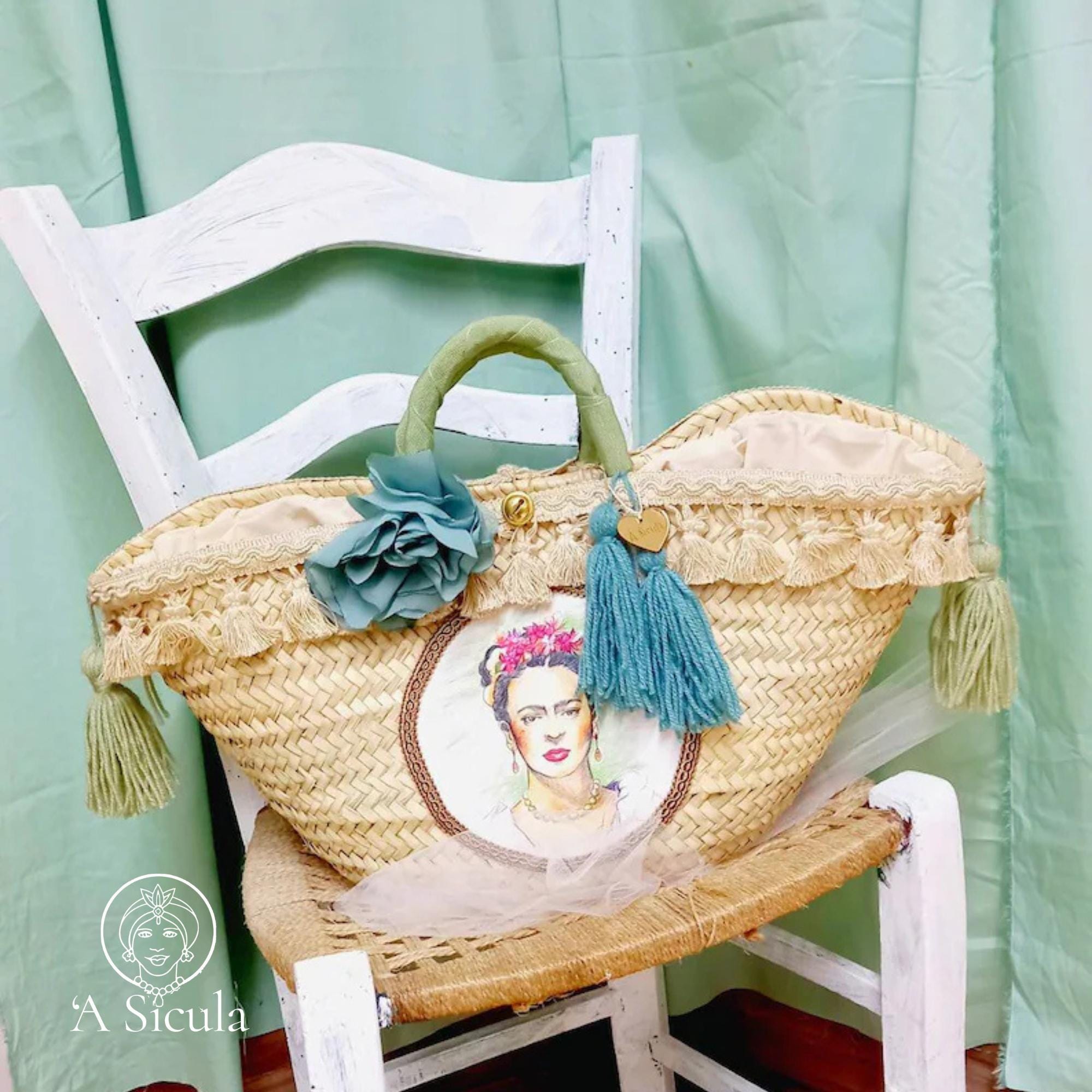 Borsa A Tracolla Trapuntata Stampa Frida Kahlo – Rosa Indiano – Cotone Fatto A Mano