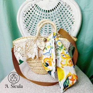 straw handbag for girl personalized with name, cotton strap