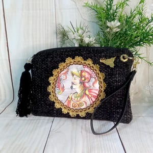black velvet wrist clutch , with Sicilian swordsman design, side tassel and faux leather handle , women's birthday gift