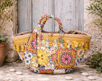 Personalized Sicilian Straw Bag, Handmade Italian Beach Tote, Majolica Basket Bag, Mediterranean Summer Purse, Made in Sicily